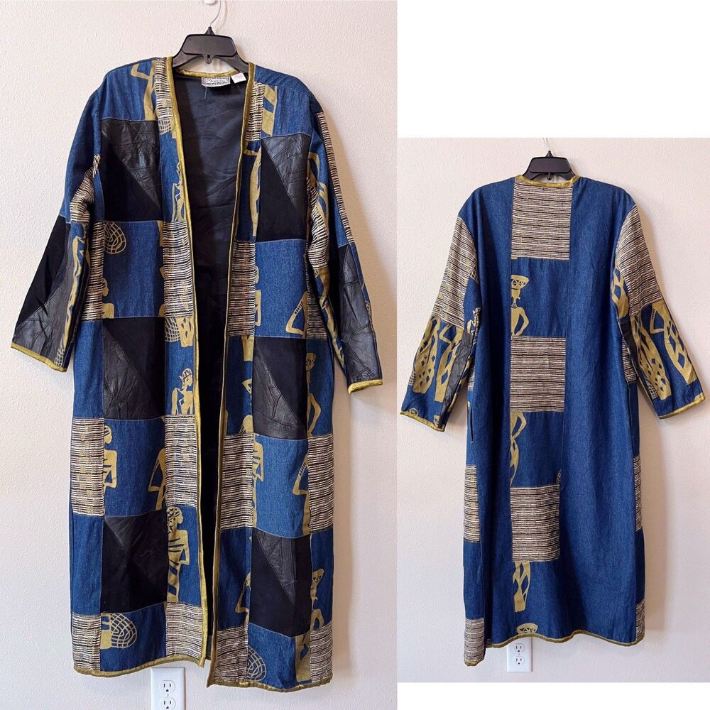 Vintage Molato Women Jacket Small Patchwork Denim Suede Leather Duster Boho Art